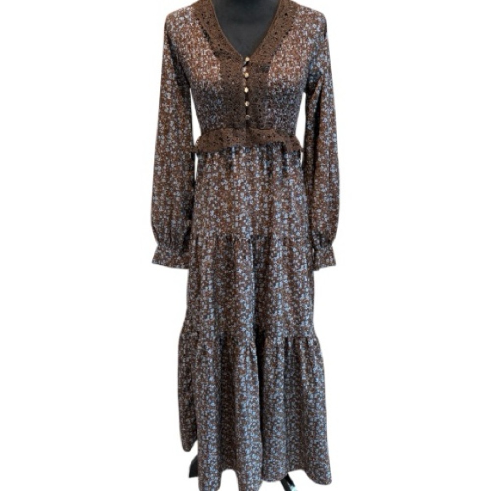 NWOT! Brown Floral Long Sleeve Dress with Lace Trim Size Small